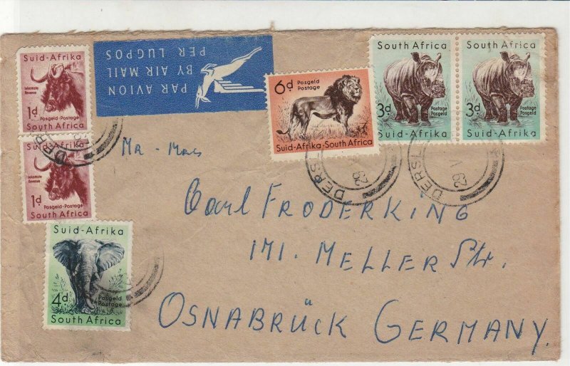 South Africa 1950s Airmail to Germany Mixed Animals Stamps Cover Ref 29298