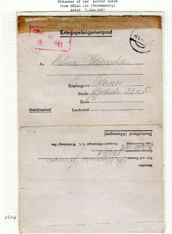 POLAND Germany Occupation WW2 Cover POW/CONCENTRATION CAMP WOLDENBERG 1944 EP654