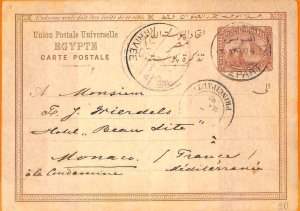 aa0080 - EGYPT - POSTAL HISTORY -  Stationery Card from SUEZ to MONACO 1884