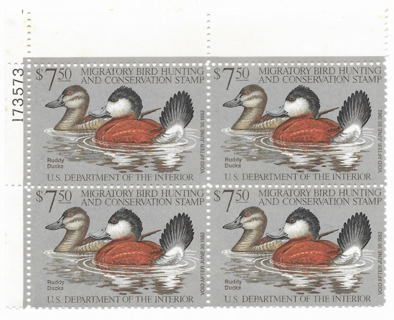 US RW 49  1982  $ 7.50 fed. duck  plate block   VF NH
