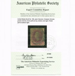 GENUINE SCOTT #155 USED 1870-71 CARMINE 90¢ OLIVER HAZARD APS CERT NBNC ISSUE