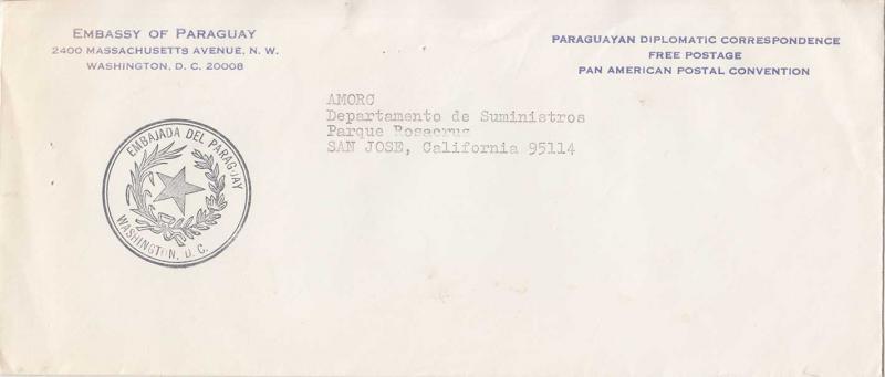 Paraguay Diplomatic Free Mail c1960 to San Jose, Calif. with sl Paraguayan Di...