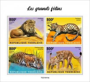 Togo - 2021 Big Cats, Lion, Sumatran Tiger - 4 Stamp Sheet - TG210414a