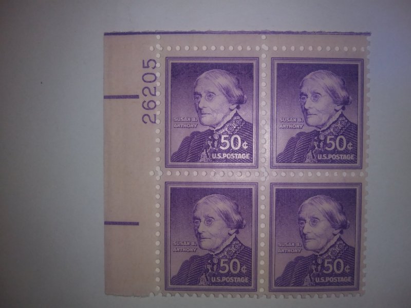 SCOTT# 1051 SUSAN B. ANTHONY PLATE BLOCK MINT NEVER HINGED POST OFFICE FRESH