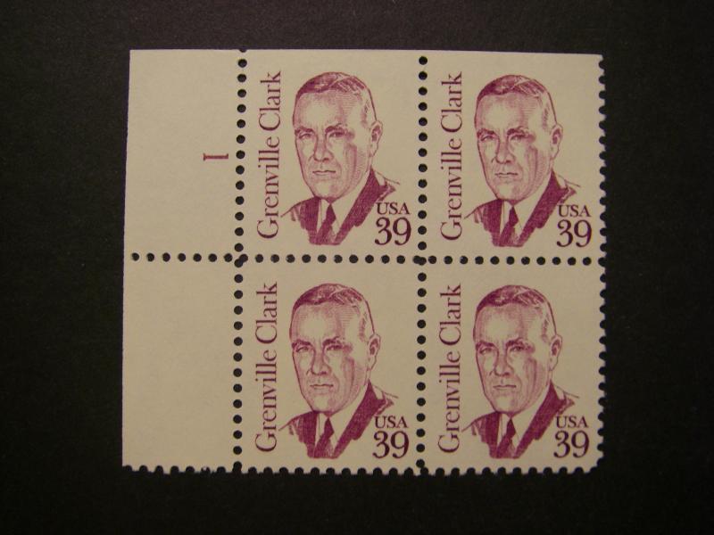 Scott 1867, 39c Grenville Clark, PB4 #1 LM top, SE, MNH Great Americans Beauty