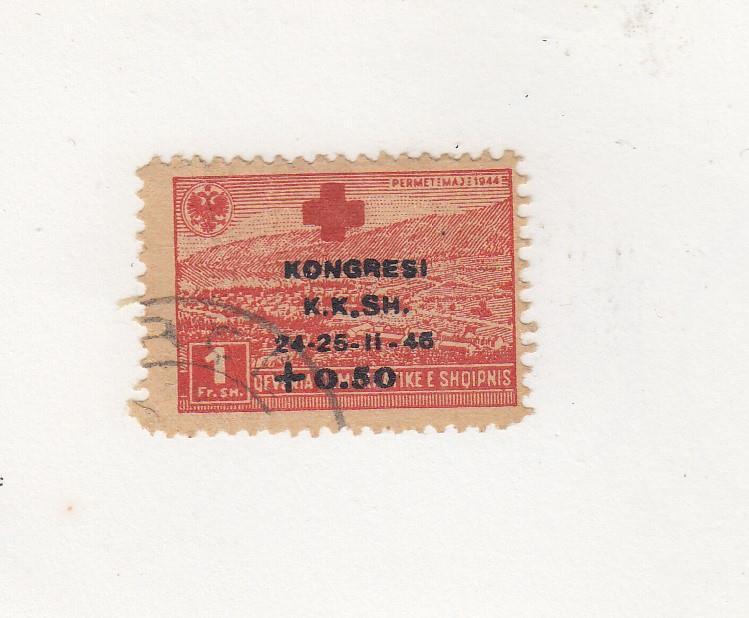 ALBANIA (MK2123) #B32 USED  1fr + 50q O/PRINT IN RED & BLK SURCHARGE CAT VAL $30