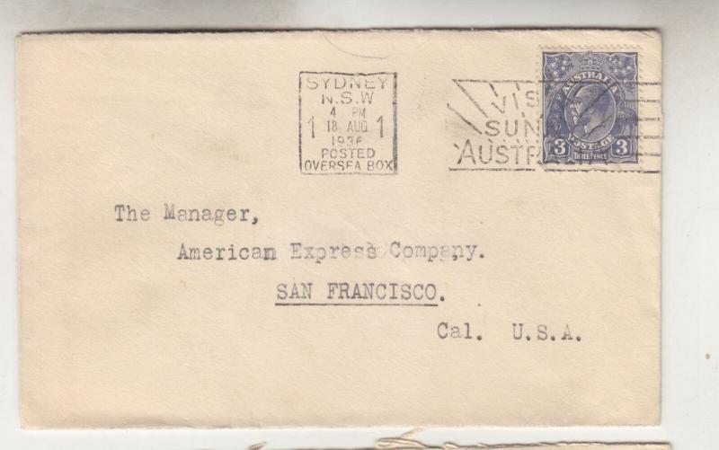 AUSTRALIA,1936 Bank NSW cover, KGV 3d. Blue,SYDNEY OVERSEAS BOX machine to USA