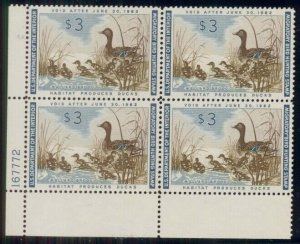 US #RW28, $3.00 Mallard Hen, Plate No. Block of 4, og, NH, VF, Scott $450.00