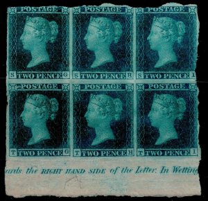 SG14, 2d blue PLATE 3, M MINT. Cat £60000+++ MARGINAL INSCRIPTION. BLOCK OF 6 