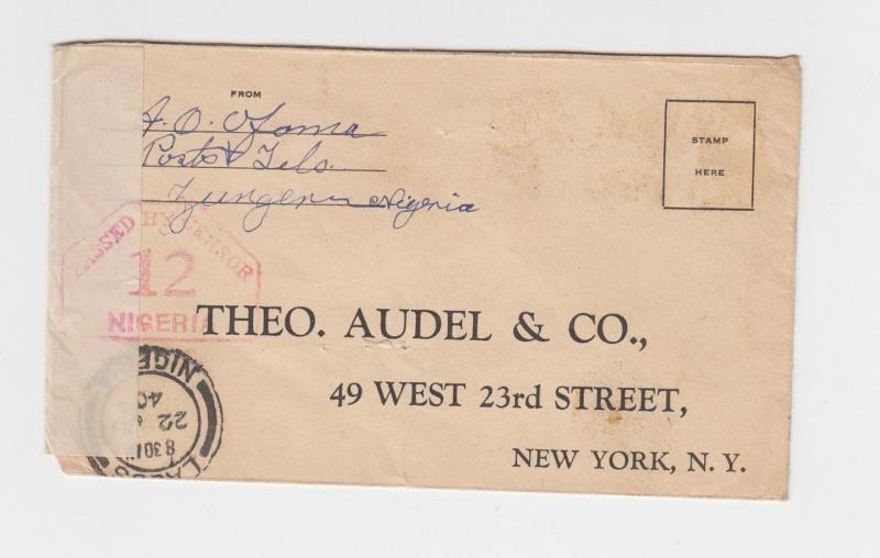 NIGERIA -USA 1940 CENSOR COVER, CENSOR H/S TYP#2 LABEL TYP#2B, 3d RATE(SEE BELOW