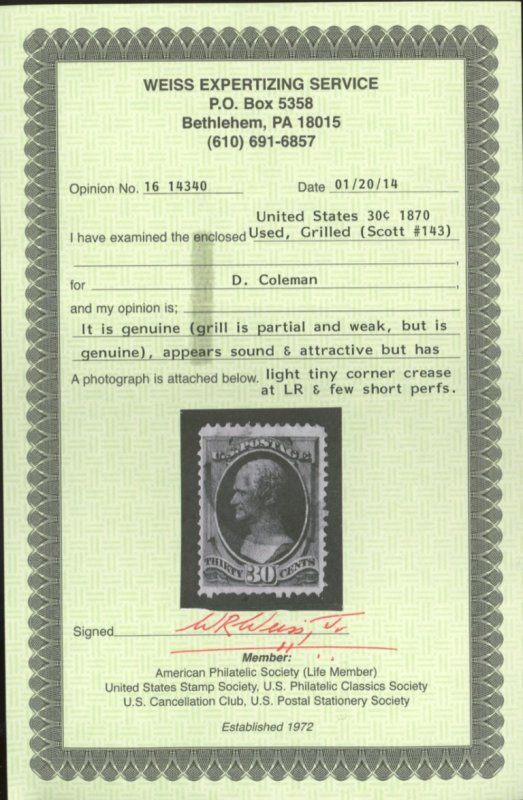 U.S. #143 USED WITH WEISS CERT