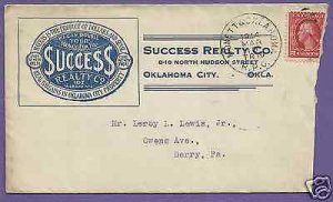 MONETT & OKLAHOMA RR/RPO - 1914 SUCCESS REALTY CORNER, US POSTAL HISTORY COVER.