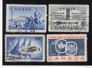 Canada 1958-59 Group of 4 Commemoratives, Scott 378, 382-383, 387 used