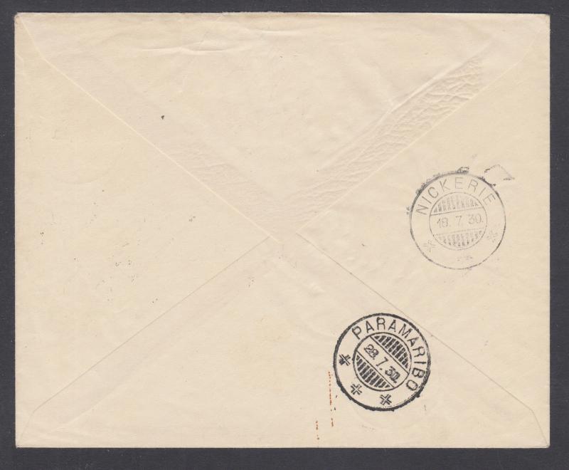 Suriname Sc B1-B3 on 1930 FIRST FLIGHT cover PARAMARIBO, large purple cachet