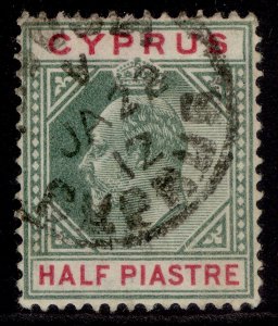 CYPRUS EDVII SG62, ½pi green & carmine , FINE USED.