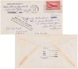 United States Ships 5c Large DC-4 Skymaster 1947 Oakland, Calif. Airmail to U...