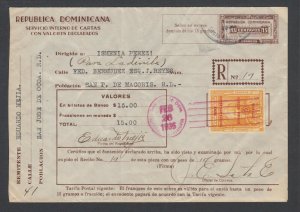 Dominican Rep H&G C1, Sc G2 used.1935 Registered Envelope w Insured Letter Stamp 