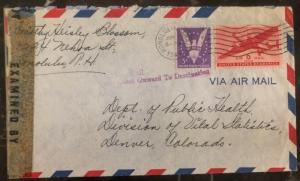 1944 Honolulu Hawaii USA Censored Returned Cover To Denver Colorado Victory Stam
