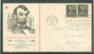 US 821 1938 16c Abraham Lincoln (presidential/prexy series) 2 singles on an addressed first day cover with a Linprint cachet.