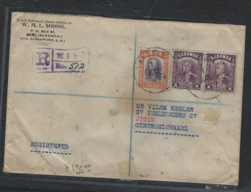 SARAWAK (PP0706B)  1937 REG COVER MIRI VIA SINGAPORE,PENANG, TO CZECHOSLOVAKIA