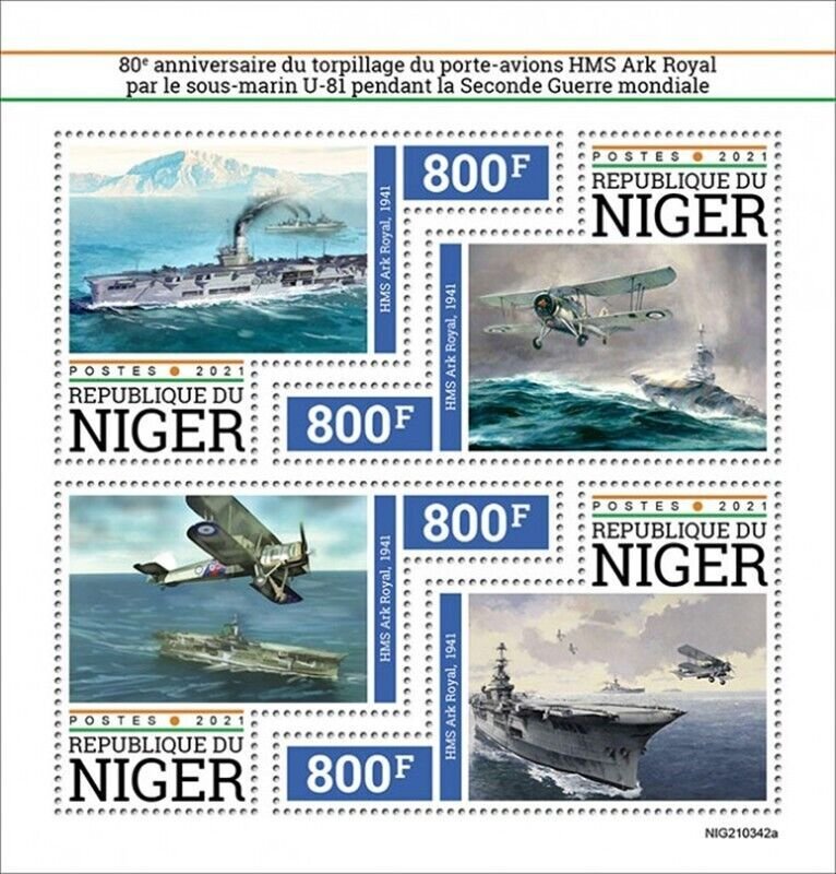 Niger - 2021 HMS Ark Royal Aircraft Carrier - 4 Stamp Sheet - NIG210342a