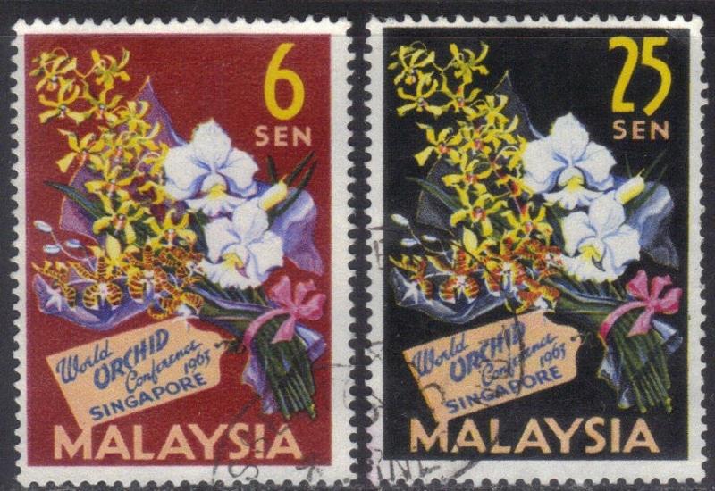 ROSS1374: MALAYSIA  SCOTT# 4+5 **USED** 6+25s   1963   ORCHIDS