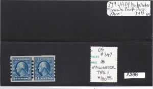 US#347 LH 5C Mailometer Private Perf Pair Nice! A366