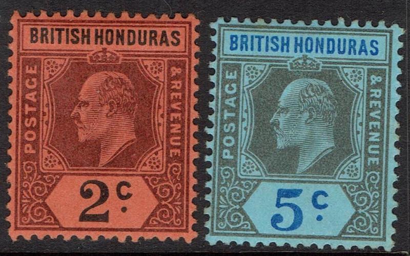 BRITISH HONDURAS 1902 KEVII 2C AND 5C WMK CROWN CA