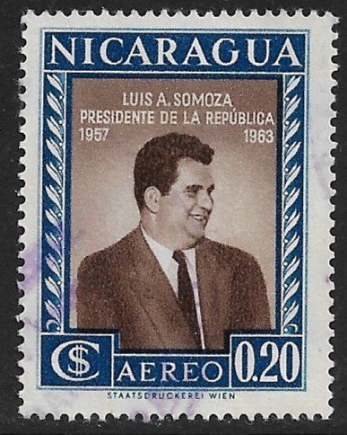 NICARAGUA 1957 20c PRESIDENT LUIS SOMOZA  Airmail Sc C387 VFU
