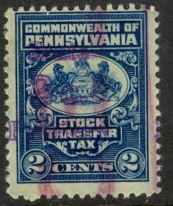 USA STATE REVENUES PENNSYLVANIA 1916-36 2c on 2c STOCK TRANSFER TAX SRS ST1 VFU