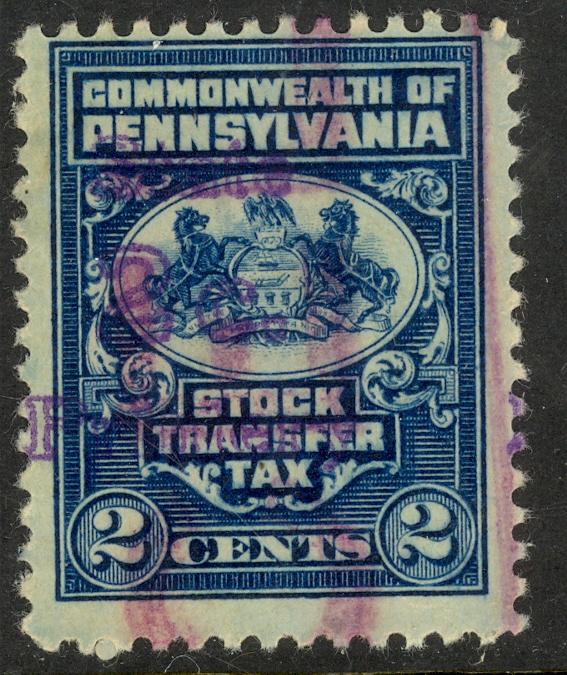 USA STATE REVENUES PENNSYLVANIA 1916-36 2c on 2c STOCK TRANSFER TAX SRS ST1 VFU