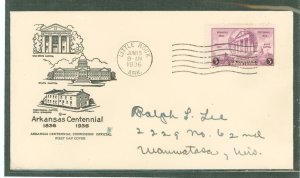 US 782 1936 3c Arkansas Centennial (single) on an addressed first day cover with an Arkansas Centennial Commission cover