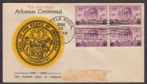 1936 Arkansas Centennial 100 yrs Sc 782-8 block Linprint cachet gold State seal