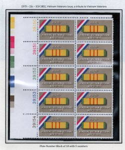 SC# 1802 - (15c) -  Vietnam Veterans Medal, MNH - Plate Block/12 - UL with #s