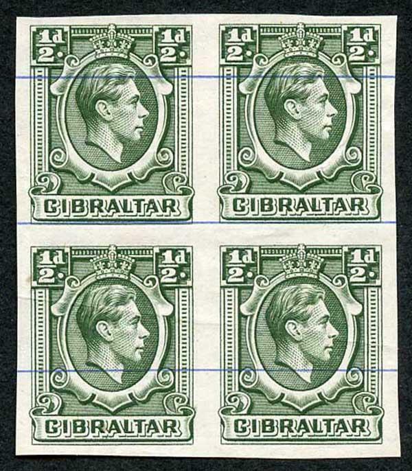 Gibraltar SG121 KGVI 1/2d Green Printers Proof IMPERF on No Wmk Blue-Lined paper