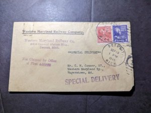 1940 USA Special Delivery Cover Detroit MI to Hagerstown MD Western MD Railway