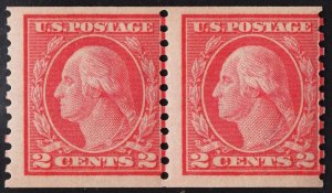 US #453 2c  Carmine Rose Washington Coil Pair Type I MINT HINGED SCV $300