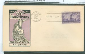 US 922 1944 3c transcontinental railway 75th anniversary on an addressed, typed, first day cover with an ioor cachet