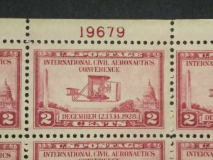 RIV: US MNH 649 Plate Block of 6 TOP 2 cent Wright Plane Aeronautic 1928 mint 2M