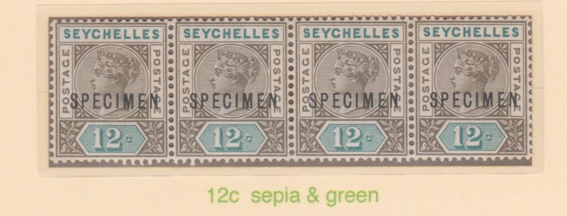 SEYCHELLES 1893 QV 12c SPECIMEN   strip of 4