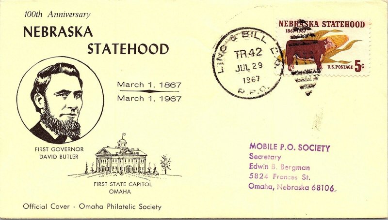 1967 Cino & Bill R.P.O. Railway Post Office + Nebreska State Hood Cachet #107