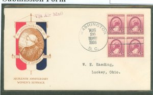 US 784 1936 3ct Women's suffrage (Susan B. Anthony) block of four, on an addressed (typed) first day cover with a Plimpt...