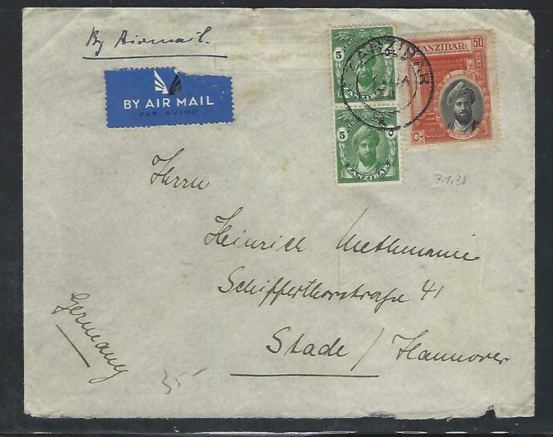 ZANZIBAR COVER  (PP2909BB) 1938 50C COMMEM+SULTAN 5CX2 COVER A/M TO GERMANY 