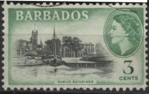 Barbados 237 (used) 3c public buildings, Eliz. II, emer & black (1953)