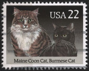 SC#2374 22¢ Cats: Maine Coon Cat, Burmese Cat Single (1988) Used