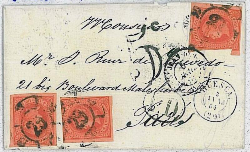 SPAIN ESPANA postal history COVER sobre U 64 x 3  - HUESCA - R de C 29 1864