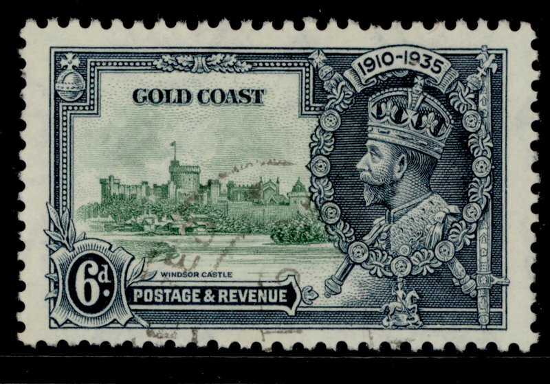 GOLD COAST GV SG115, 6d green and indigo, FINE USED. Cat £30.