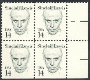 1985 Sinclair Lewis Plate Block of 4 14c Postage Stamps, Sc# 1856, MNH, OG