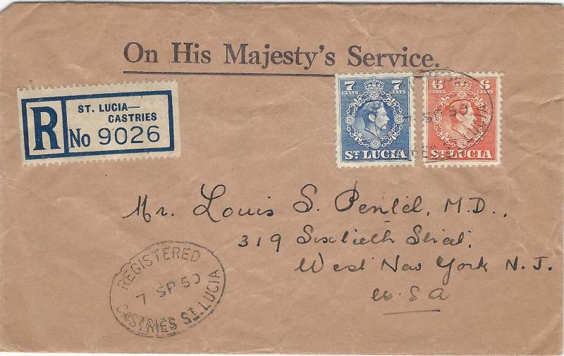 St. Lucia, Scott #140-141, Used on 1950 Registered Cover to New Jersey