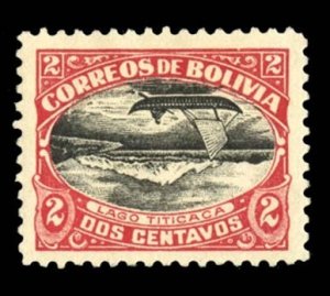 Bolivia #113c Cat$150, 1916 2c carmine and black, center inverted, hinge remnant